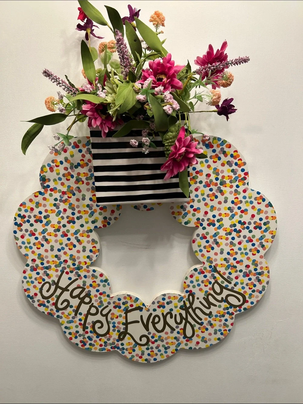 Happy Everything Coton Colors Wood Confetti Decorative Wreath with Floral Accent